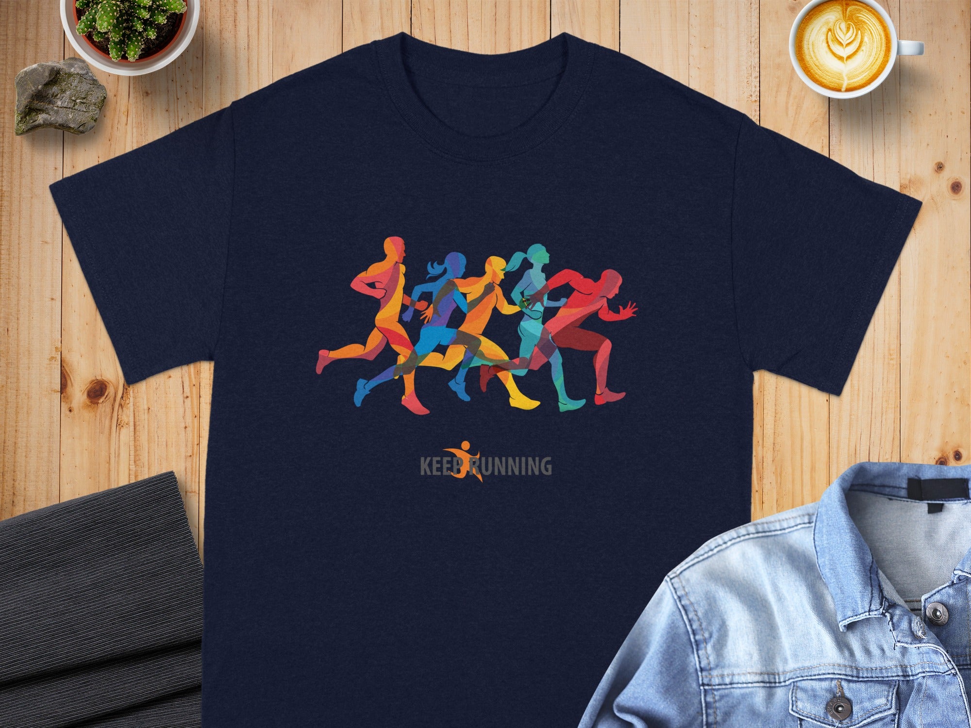 Navy t-shirt with colorful runner silhouettes and "KEEP RUNNING" text.