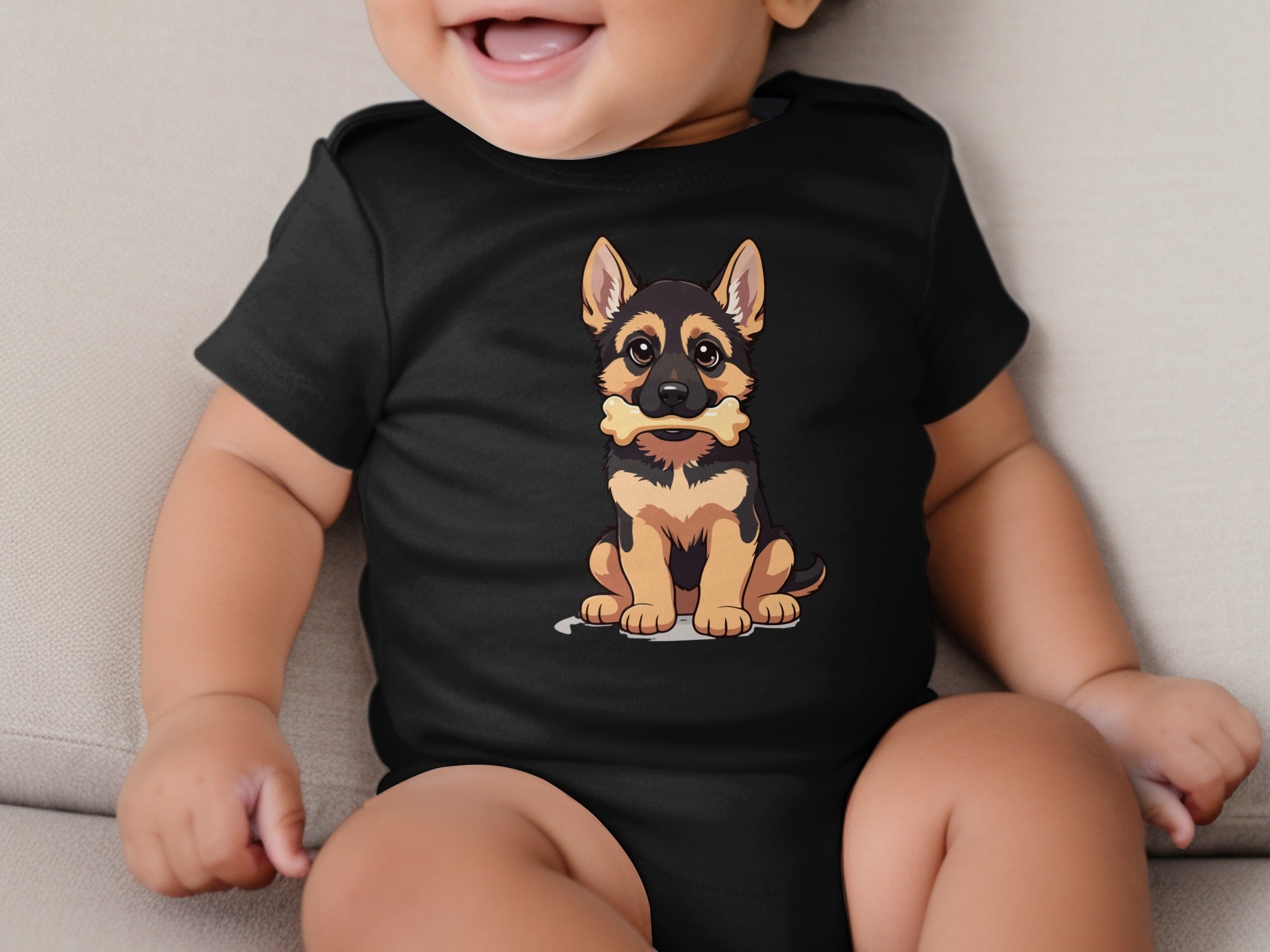 Black baby onesie with a cartoon German Shepherd puppy holding a bone.