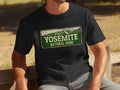 Black t-shirt with a distressed Yosemite National Park sign graphic.