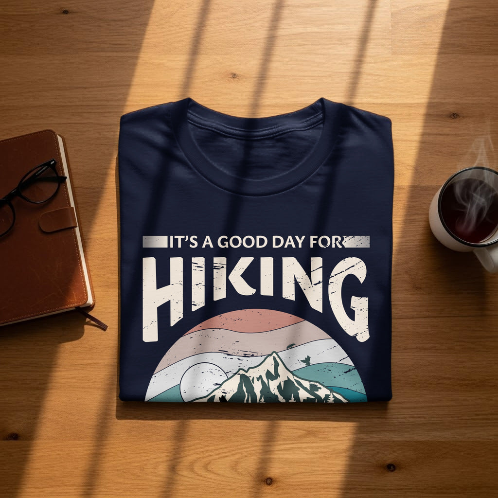 Navy t-shirt with "It's a good day for hiking" text and mountain graphic.