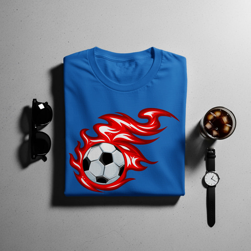 Blue t-shirt with a flaming soccer ball graphic on the chest.