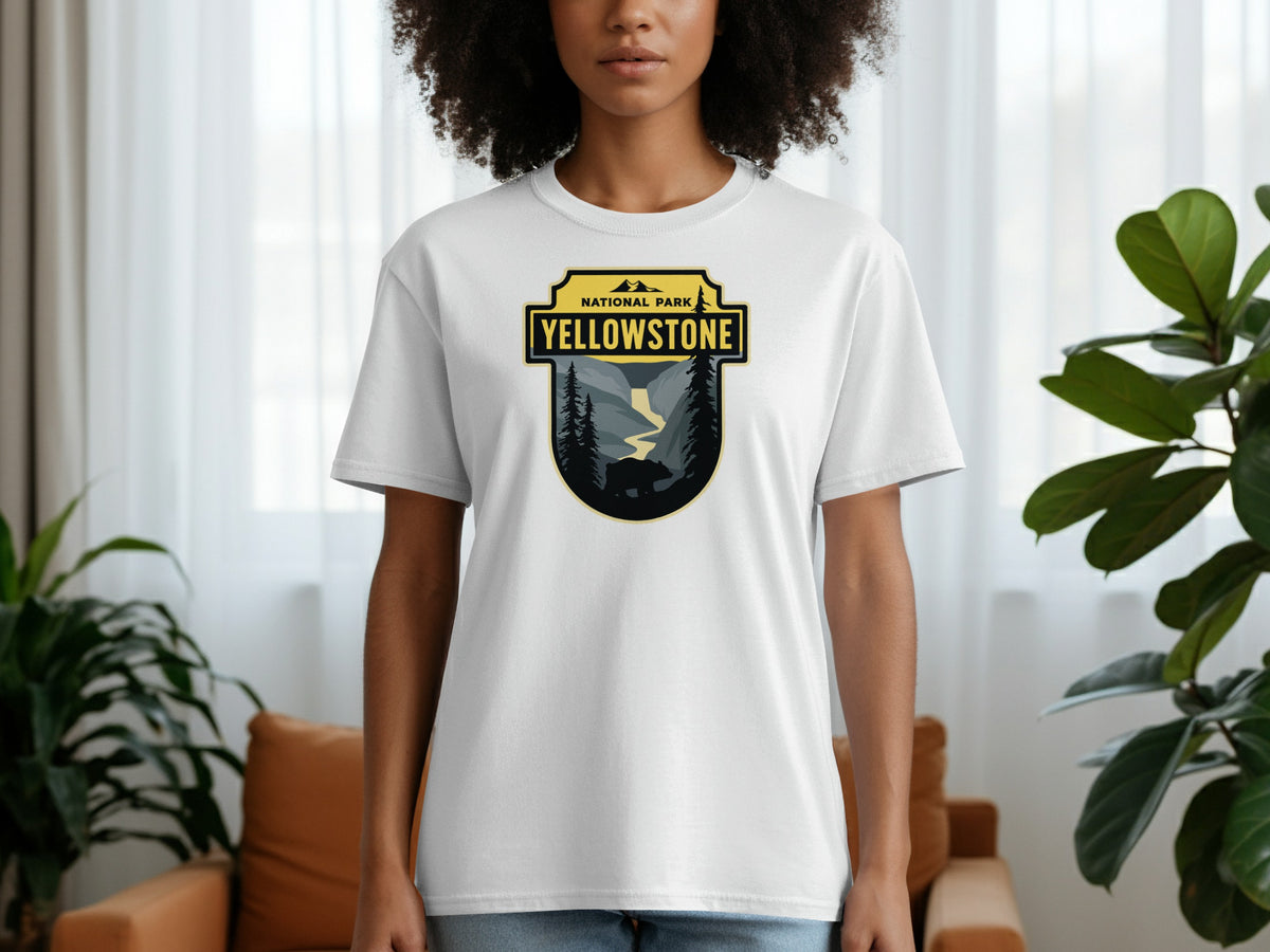 White t-shirt featuring a Yellowstone National Park logo with bear and mountains.