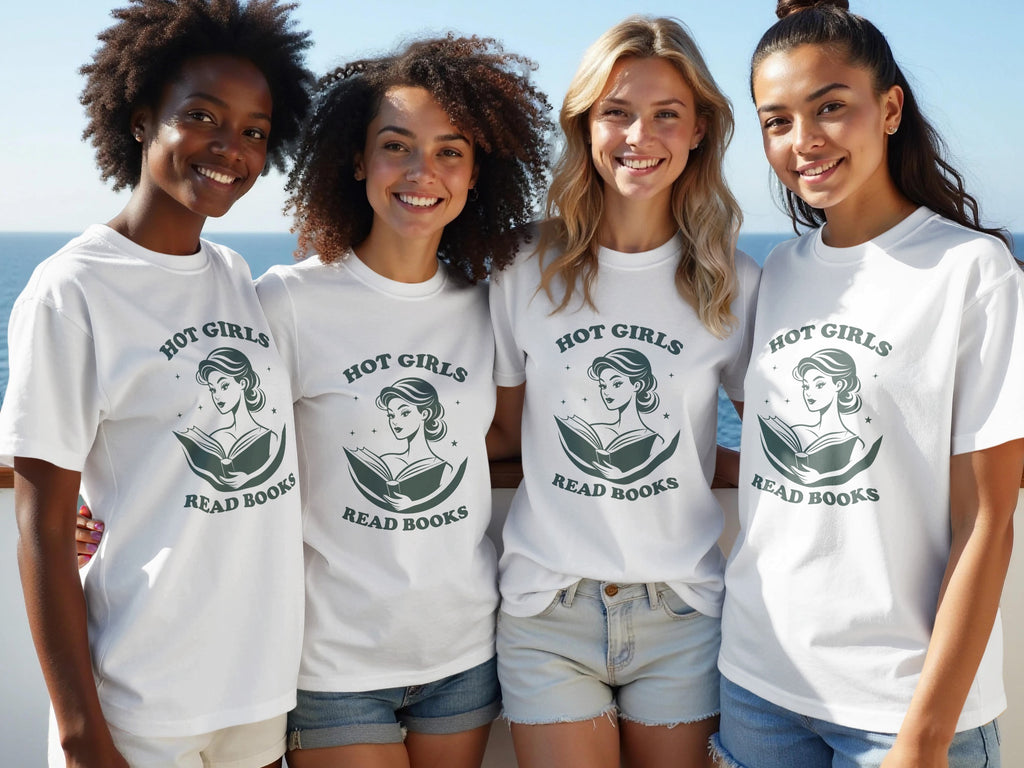 Four women wear white t-shirts with "Hot Girls Read Books" graphic.