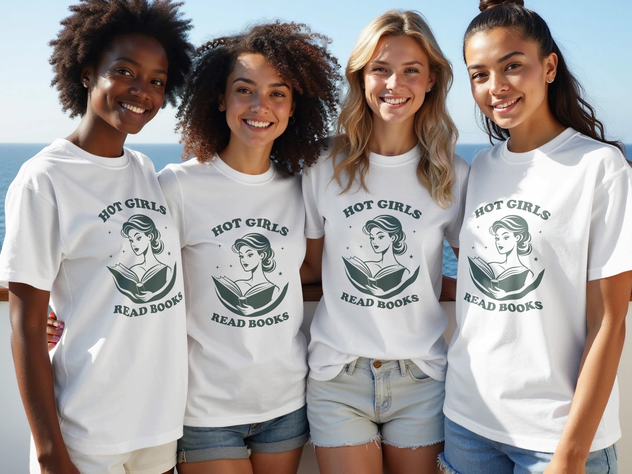 Four women wear white t-shirts with "Hot Girls Read Books" graphic.