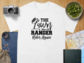 White t-shirt with "The Lawn Ranger Rider Again" text and design.