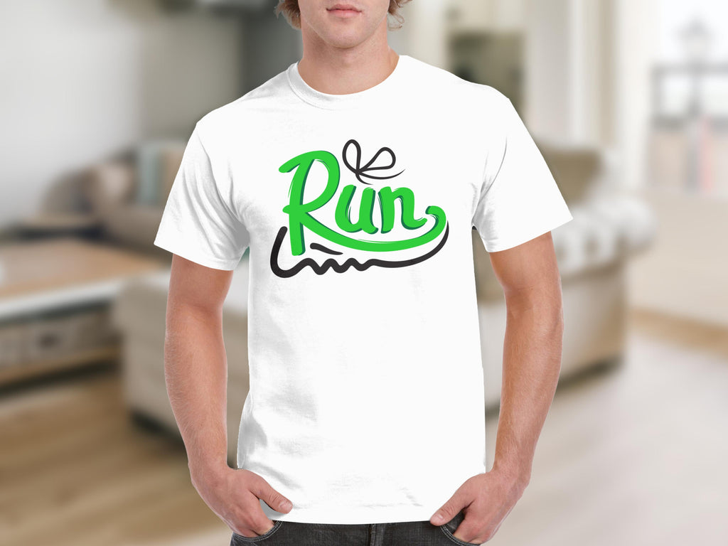 White t-shirt with green "Run" text and black wavy lines.