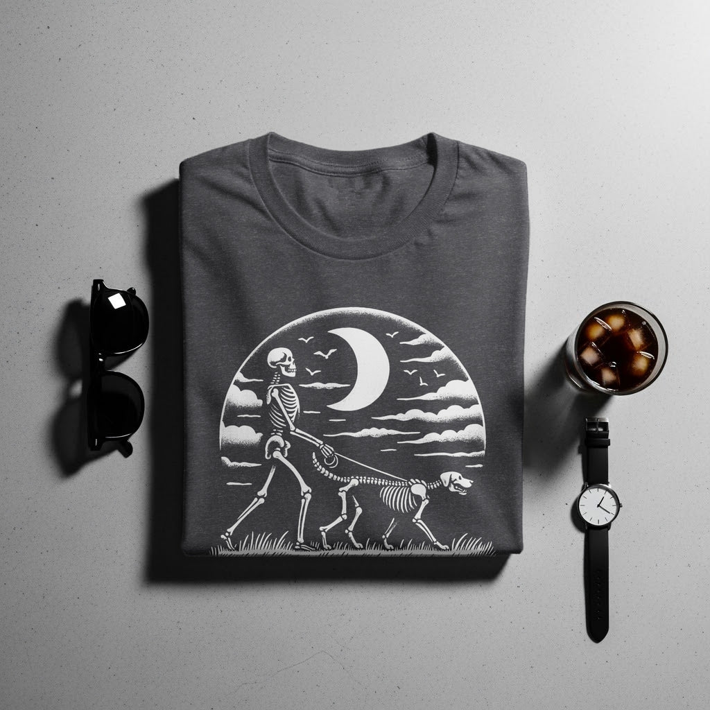 Dark gray t-shirt with a skeleton walking a skeleton dog under a crescent moon.
