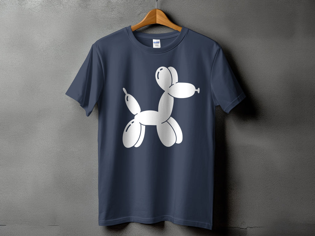 Dark blue t-shirt with a white balloon dog graphic on the chest.