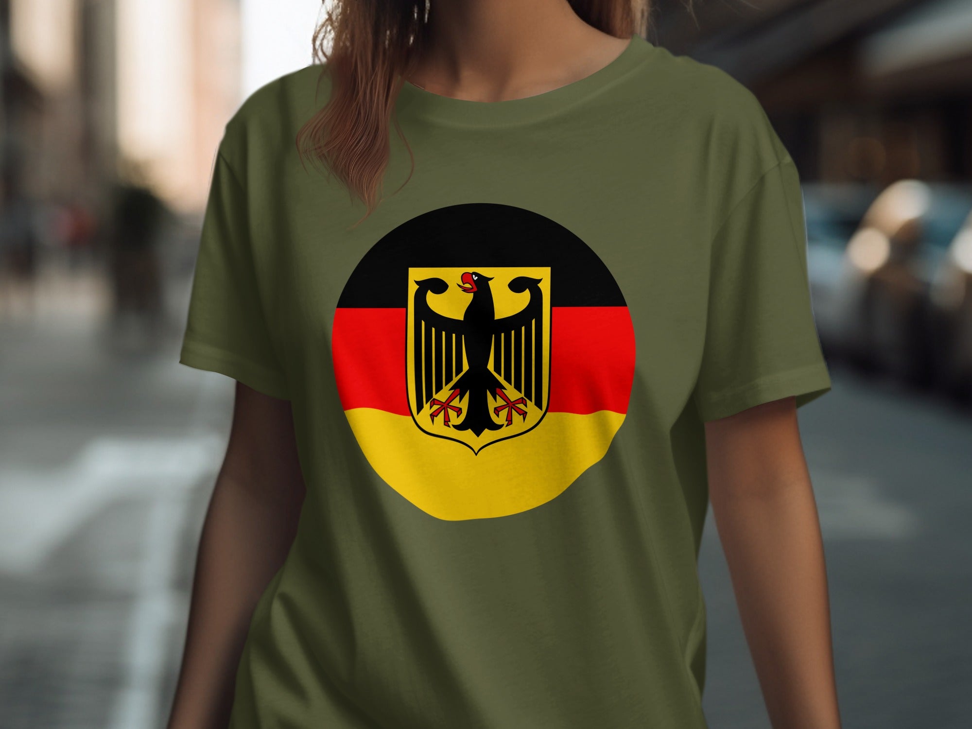 Olive green t-shirt with circular German flag and eagle emblem.