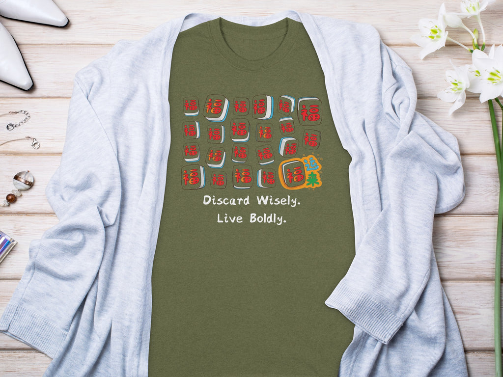 Olive t-shirt with Mahjong tiles, the text "Discard Wisely. Live Boldly."