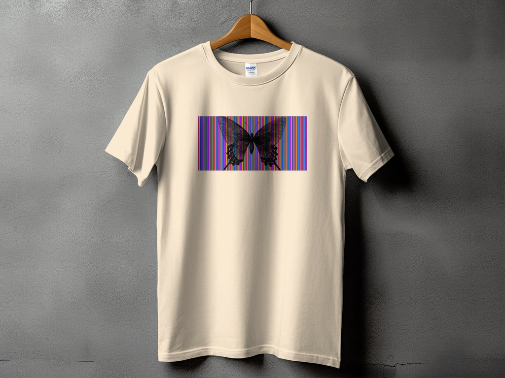 Cream t-shirt with a black butterfly on a striped background.