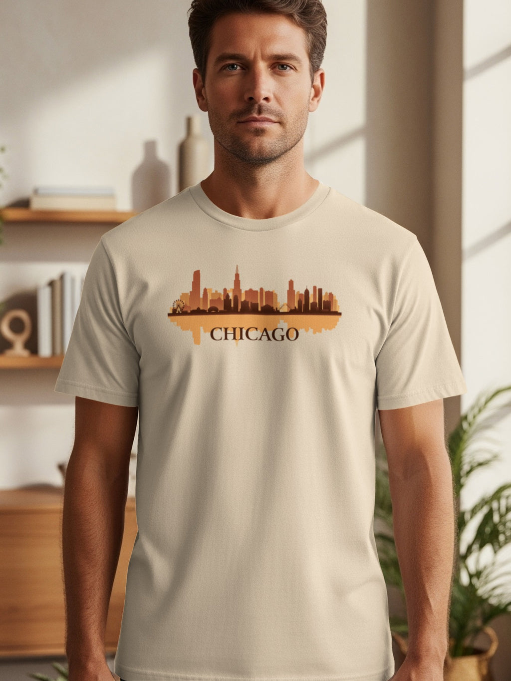 T-shirt with Chicago skyline graphic and the word Chicago in brown.