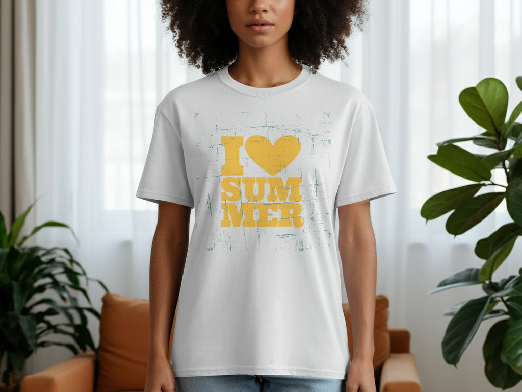 White t-shirt with yellow "I love SUMMER" graphic and distressed texture.