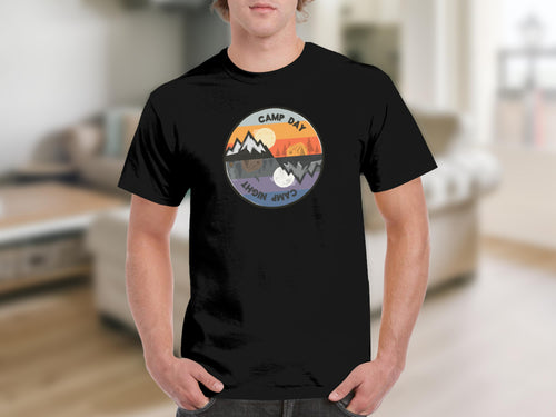 Black t-shirt with circular graphic featuring nature scenes for day and night.