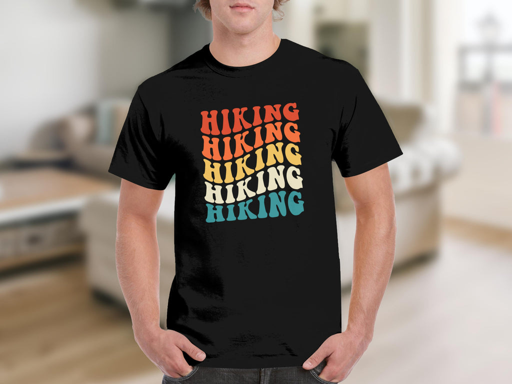 Black t-shirt with stacked "Hiking" text in retro colors.