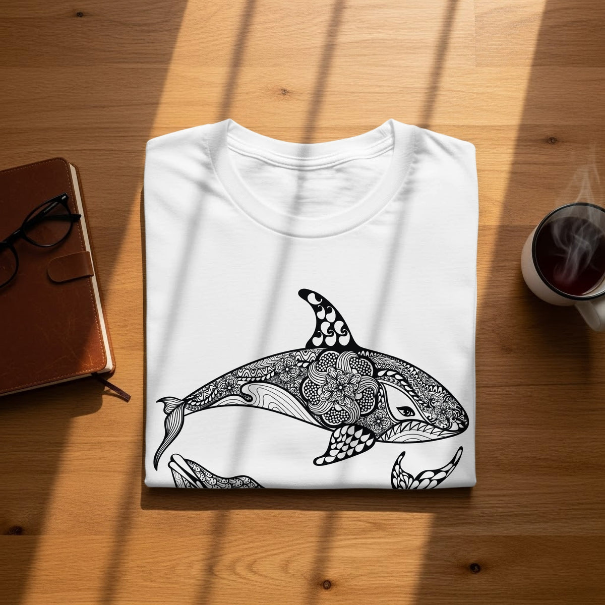 White t-shirt with a black orca whale mandala design.