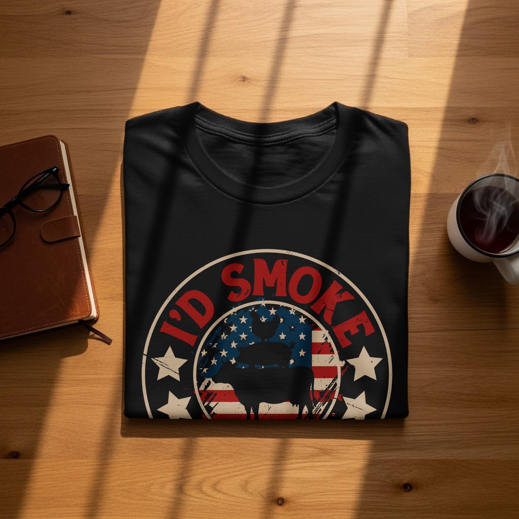 Black t-shirt with "I'd Smoke" text and American flag.