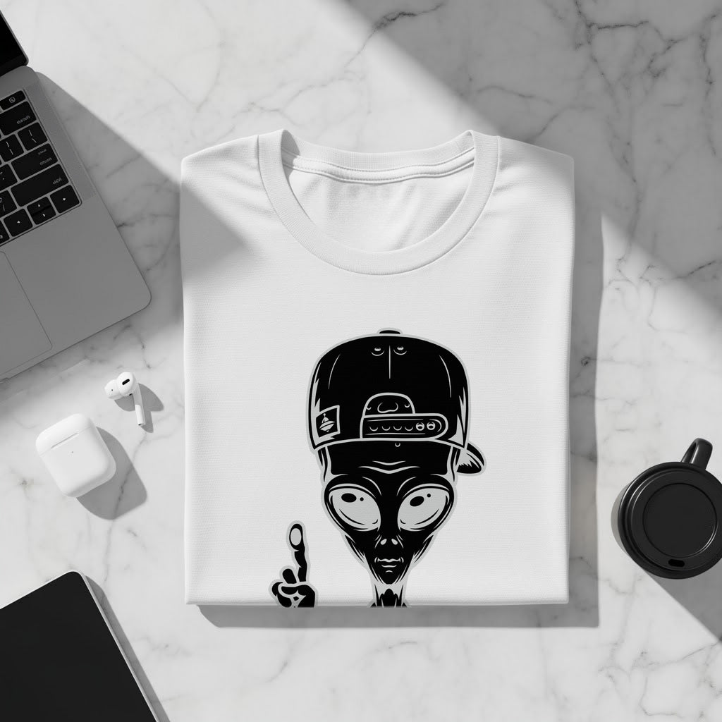 White t-shirt with black alien wearing a baseball cap graphic.