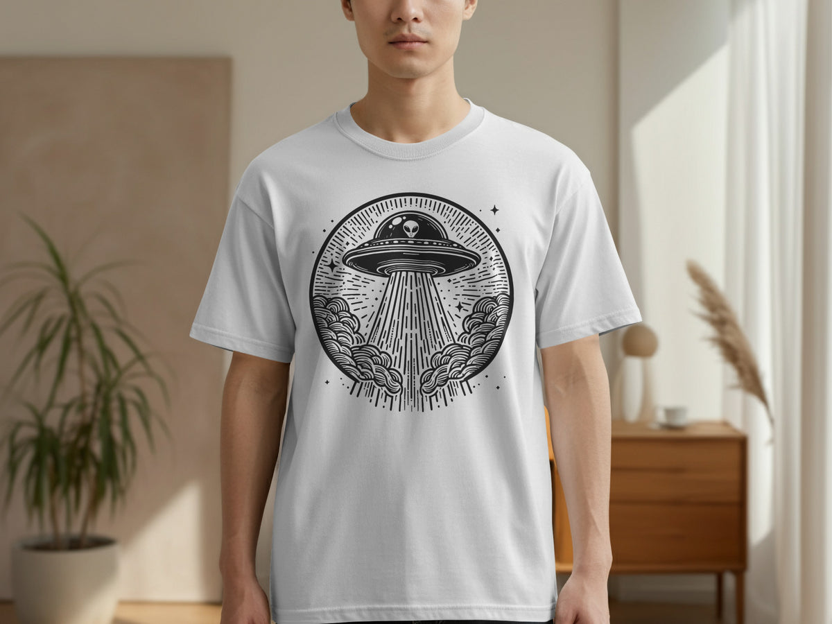 T-shirt with a circular black and white alien spaceship and beam design.