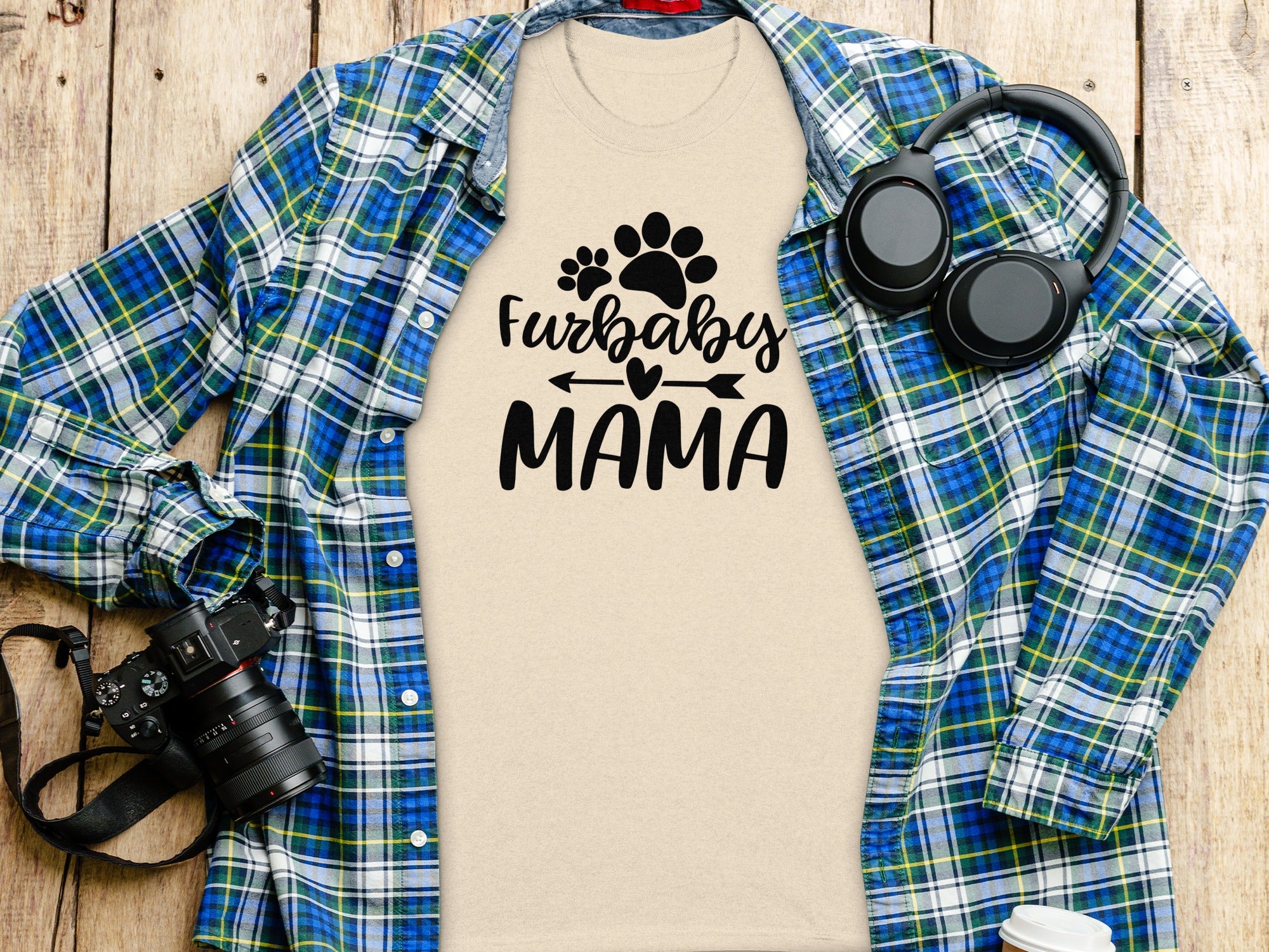 Light tan t-shirt with black "Furbaby MAMA" text and paw prints.