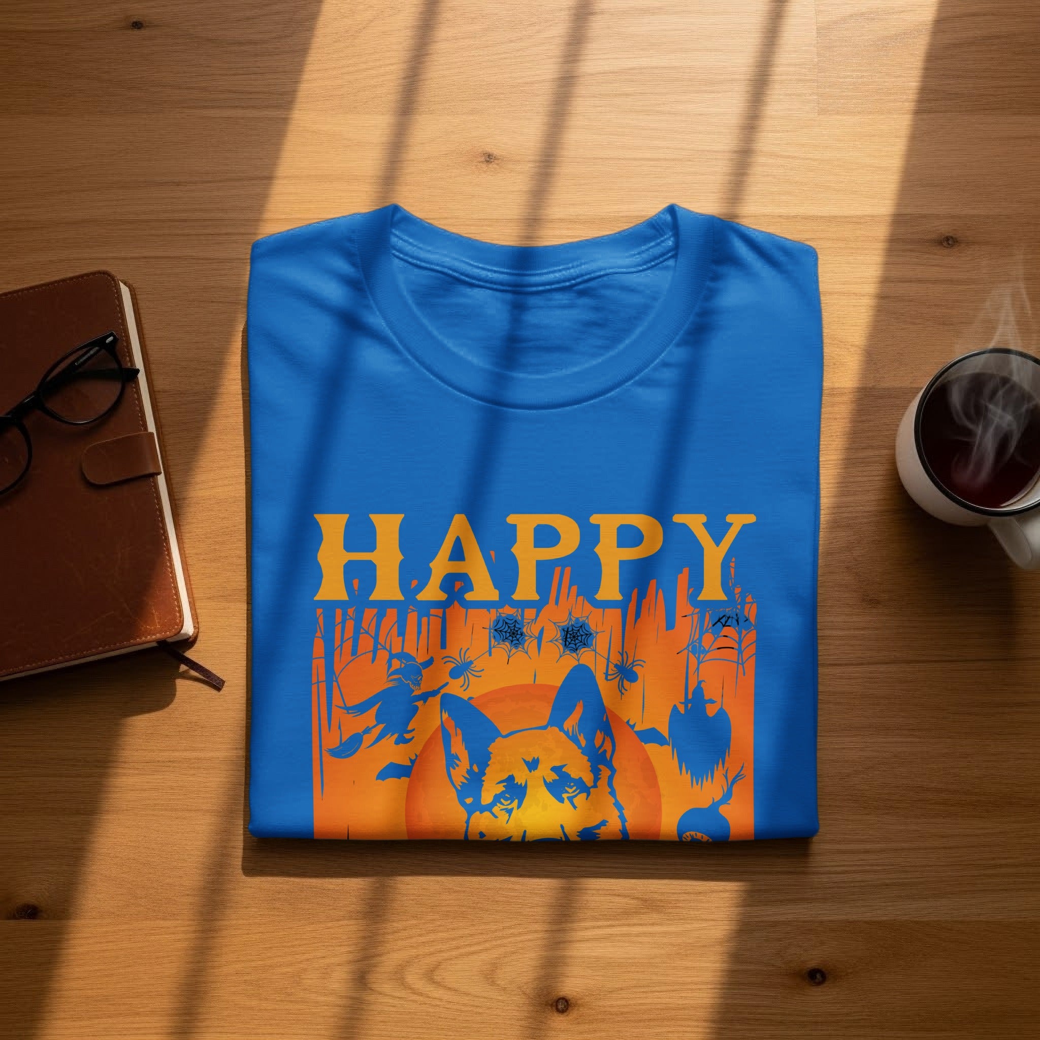 Blue t-shirt with "HAPPY" text and a Halloween dog graphic.