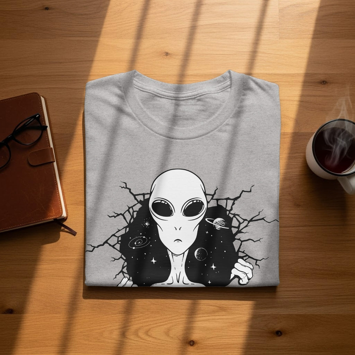 Grey t-shirt with a black alien head design breaking through cracked gray background.