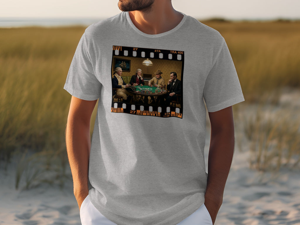 Historical figures playing poker, presented as a film strip on a t-shirt.