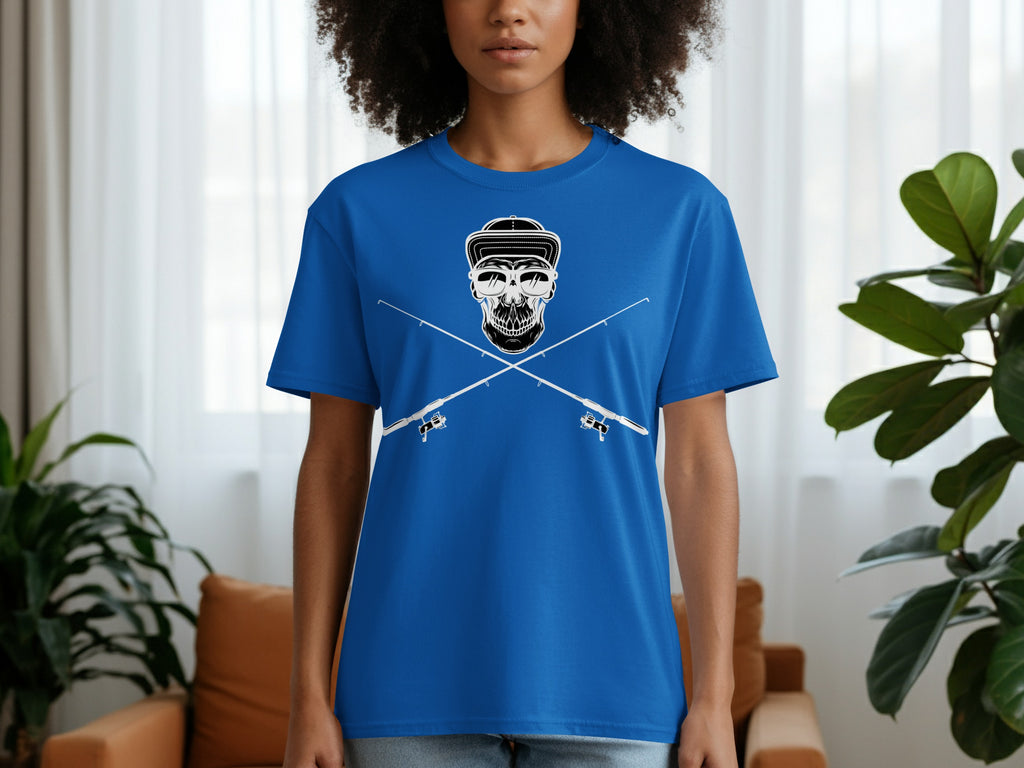 Blue t-shirt with graphic of a skull wearing sunglasses and a hat, with crossed fishing rods.