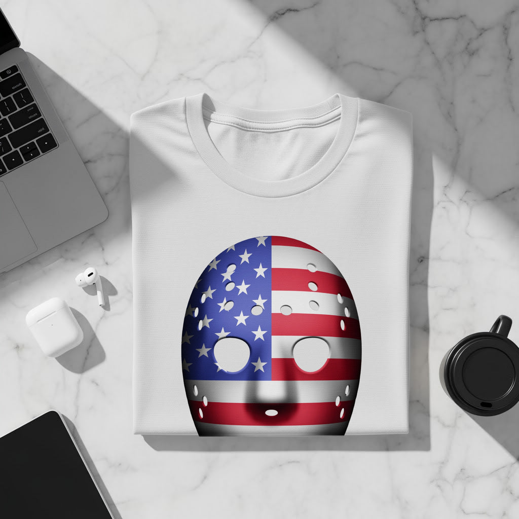 White t-shirt with an American flag hockey mask design.