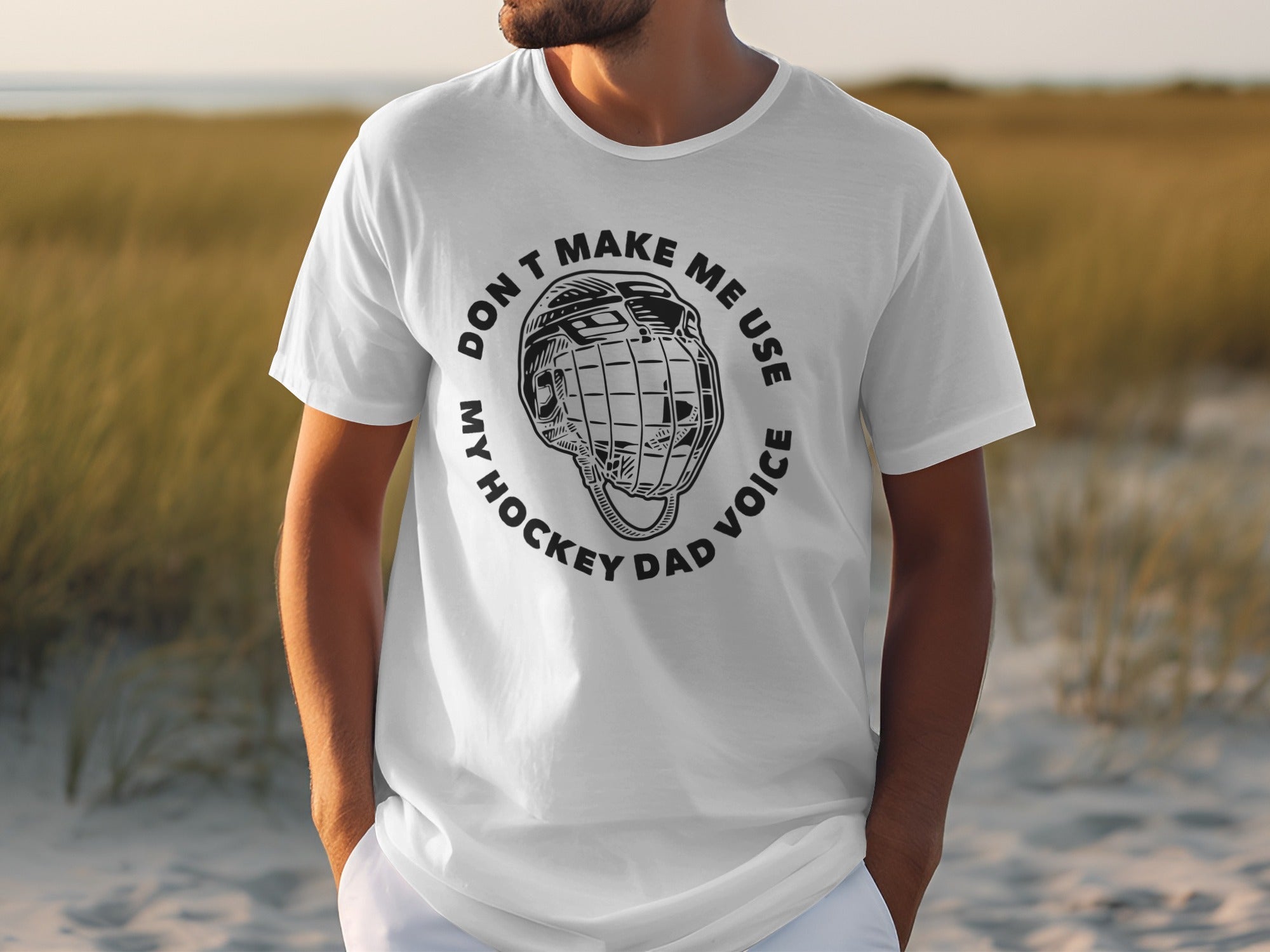 White t-shirt with black text and hockey helmet graphic.