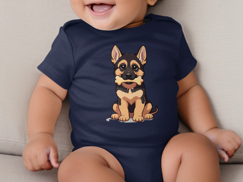 Dark navy baby onesie featuring a cartoon German Shepherd puppy holding a bone.