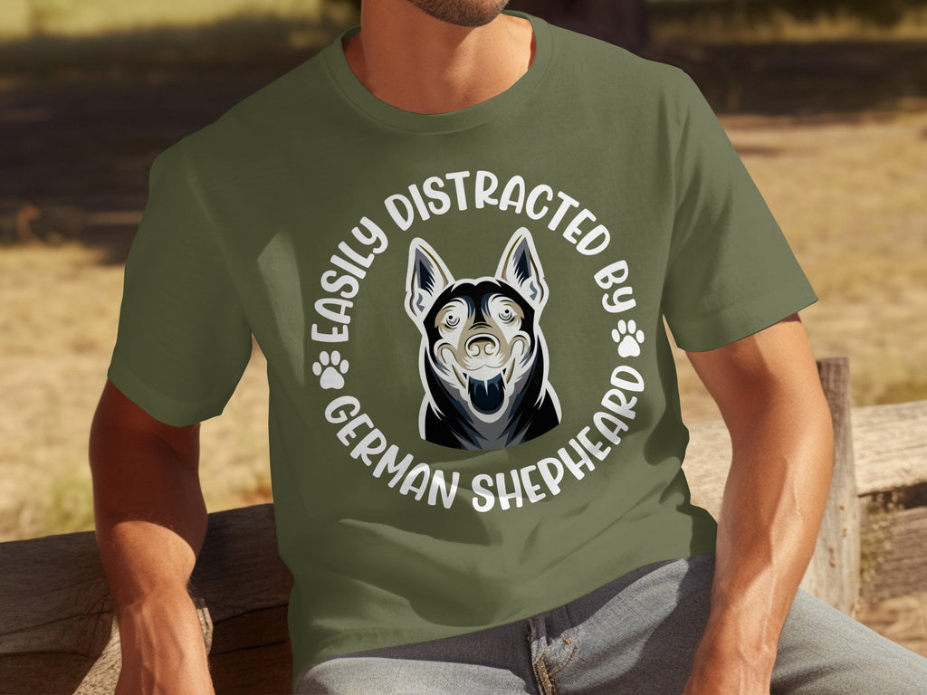 Green t-shirt with "Easily Distracted By German Shepherd" text and dog graphic.
