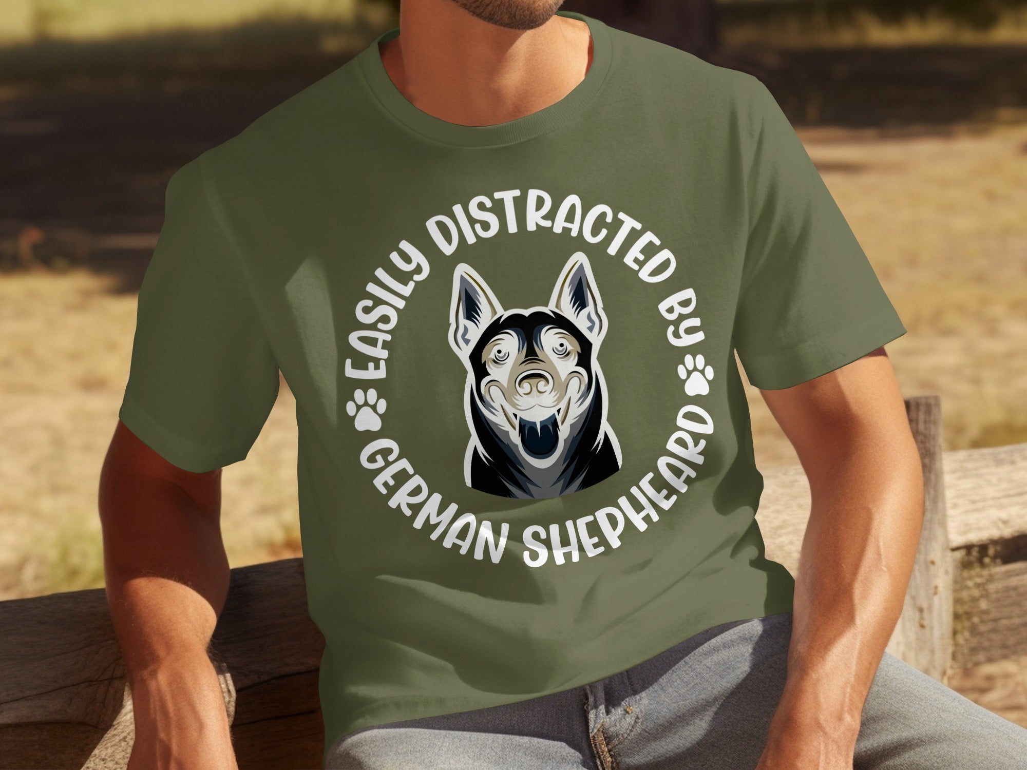 Green t-shirt with "Easily Distracted By German Shepherd" text and dog graphic.