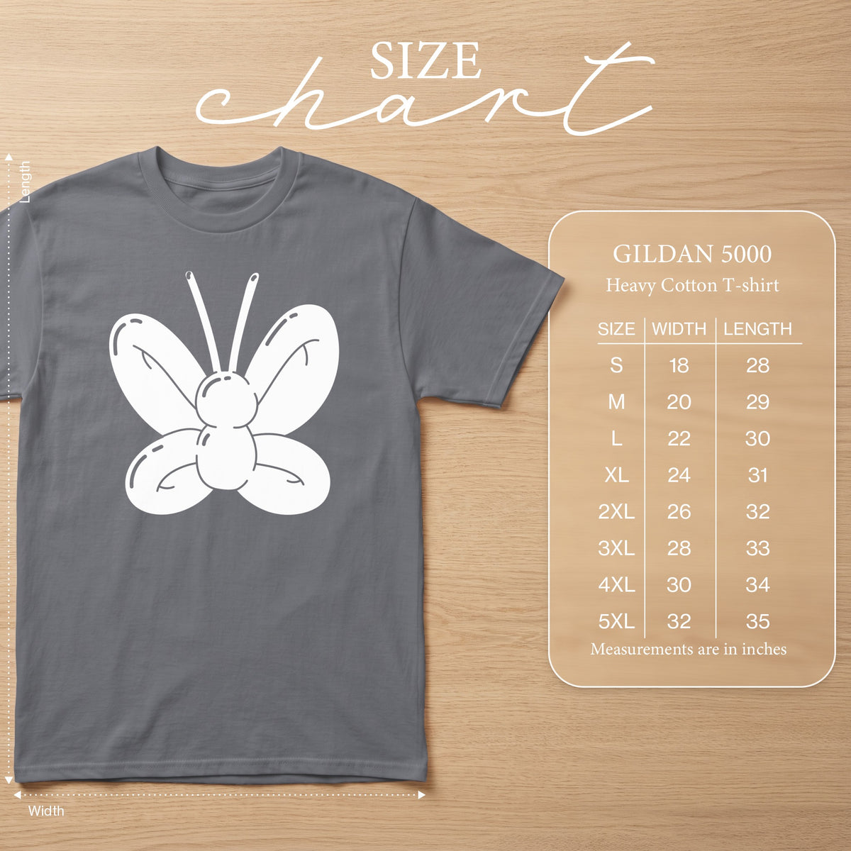 GILDAN 5000 Heavy Cotton T-shirt size chart with butterfly graphic.