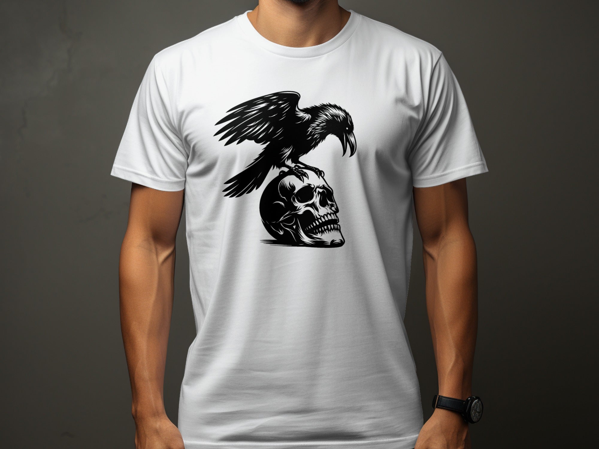 White t-shirt with a black graphic of a raven perched on a skull.