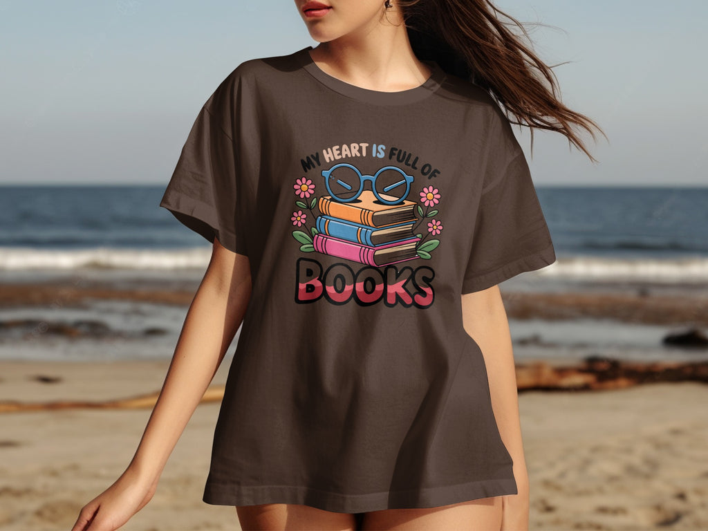 Brown t-shirt with "My Heart is Full of Books" illustrated on it.