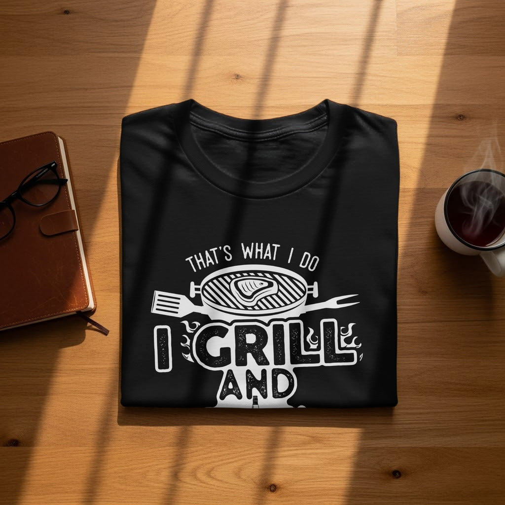 Black t-shirt with "That's What I Do I Grill And" text and graphics.