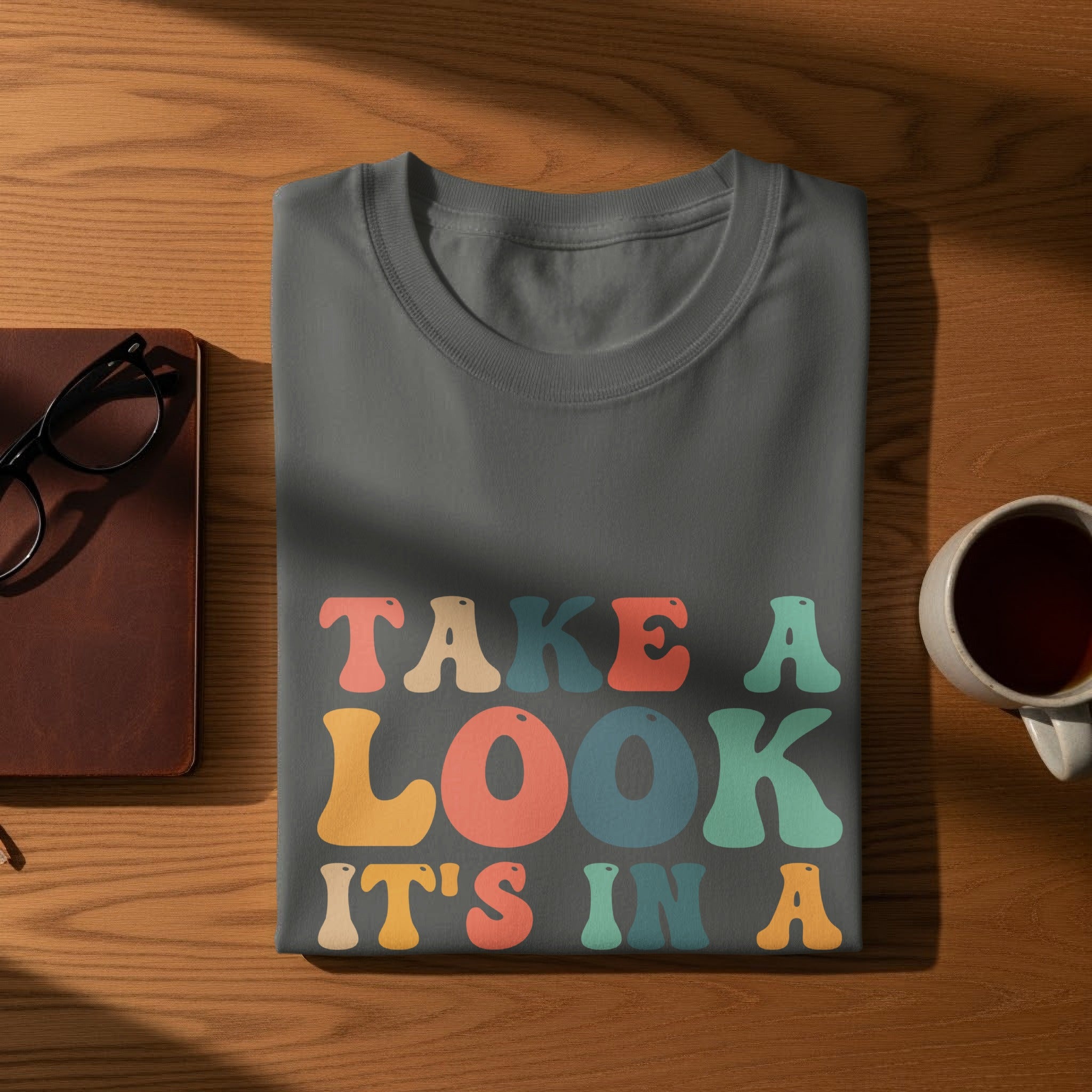 Gray t-shirt with colorful text "TAKE A LOOK IT'S IN A"