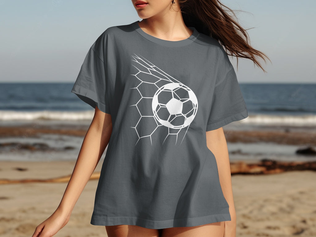 Dark grey t-shirt with white soccer ball breaking through a net graphic.