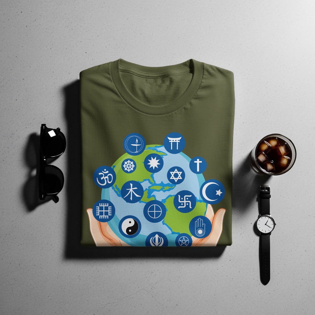 Green t-shirt with globe graphic featuring diverse religious and cultural symbols held by cupped hands.