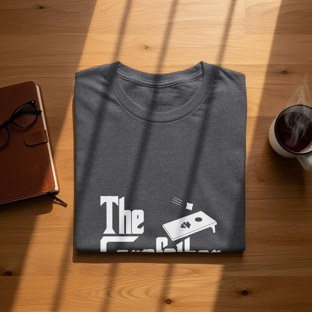 Dark grey t-shirt with "The Cornhole" text and cornhole board graphic.