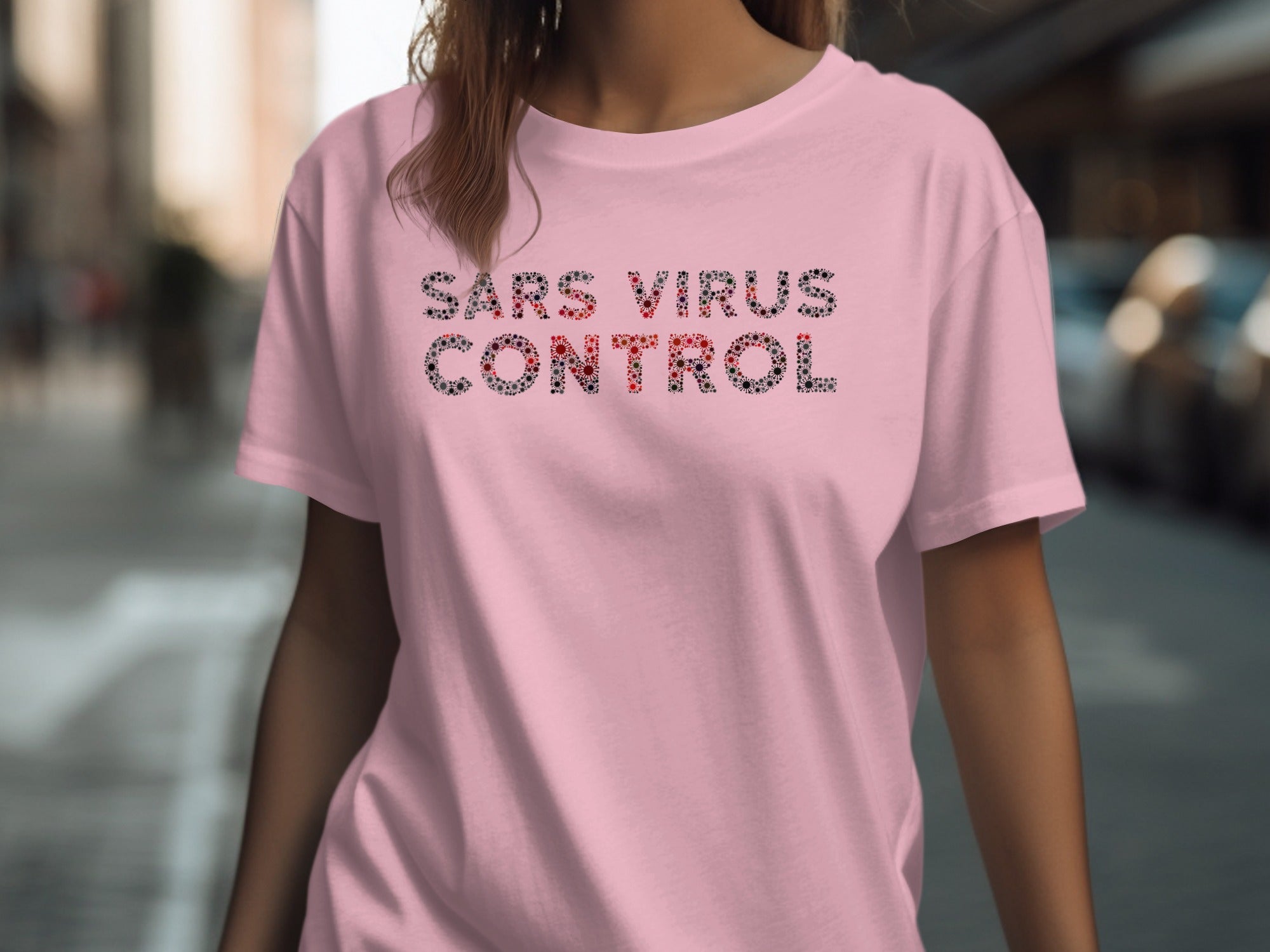 Pink t-shirt with black and red SARS Virus Control text made of virus graphics.