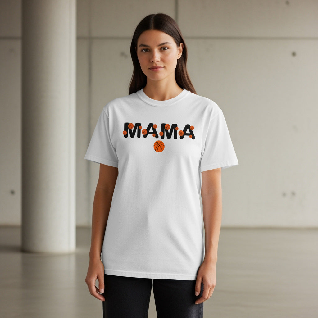White t-shirt with "MAMA" text and basketball graphics.