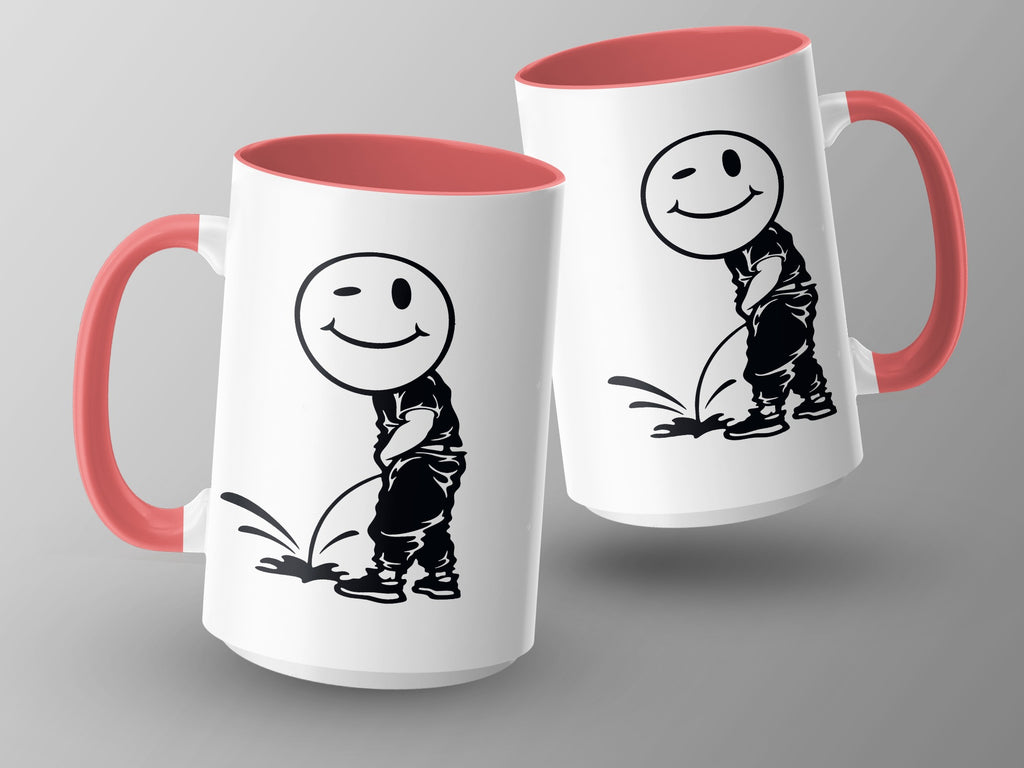 White mugs with red interiors featuring a black graphic of a smiley face character peeing.