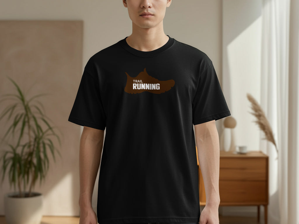 Black t-shirt with a brown trail running shoe graphic on the chest.