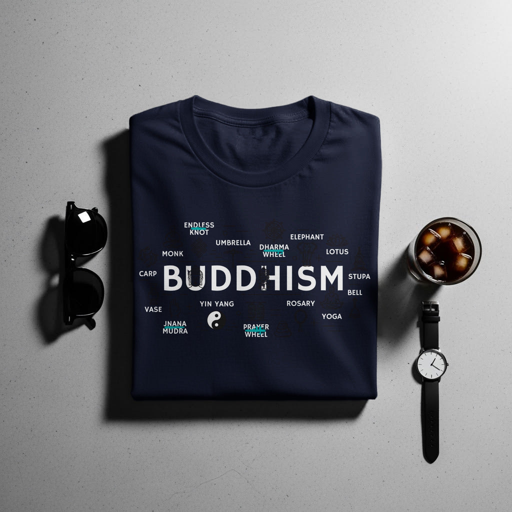 Navy t-shirt with "BUDDHISM" and related symbols, including lotus and prayer wheel.