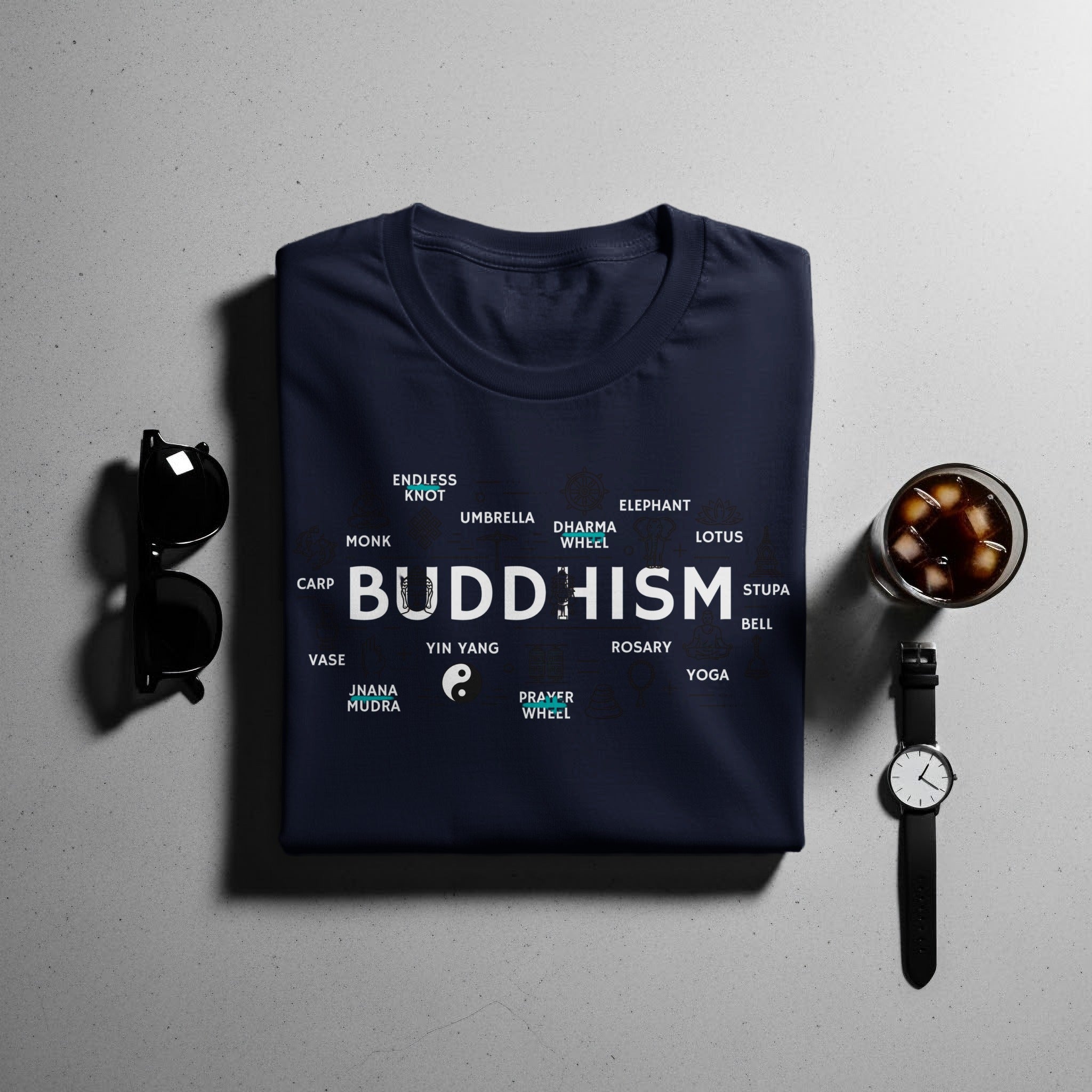 Navy t-shirt with "BUDDHISM" and related symbols, including lotus and prayer wheel.