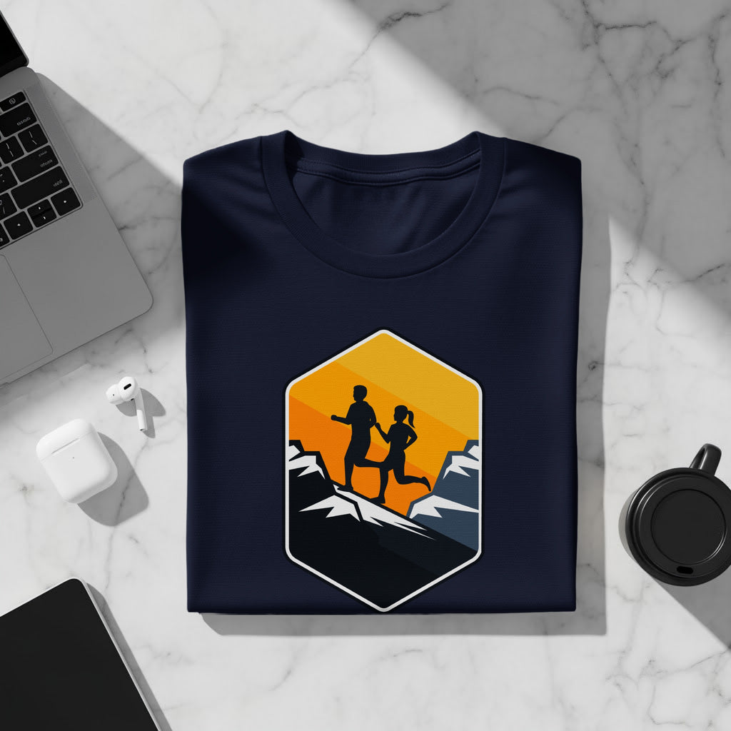 Navy t-shirt with emblem of runners on mountains at sunset.