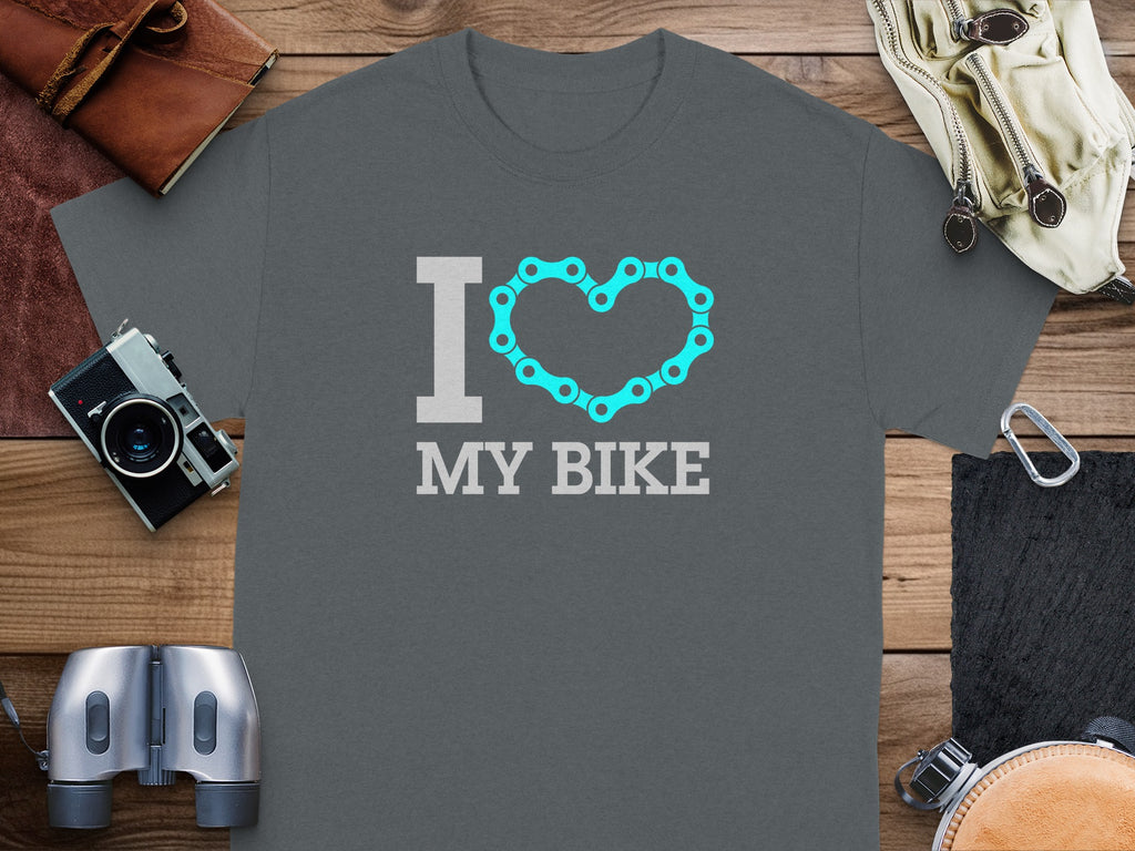 "I love my bike" text on a grey t-shirt with a bicycle chain heart.