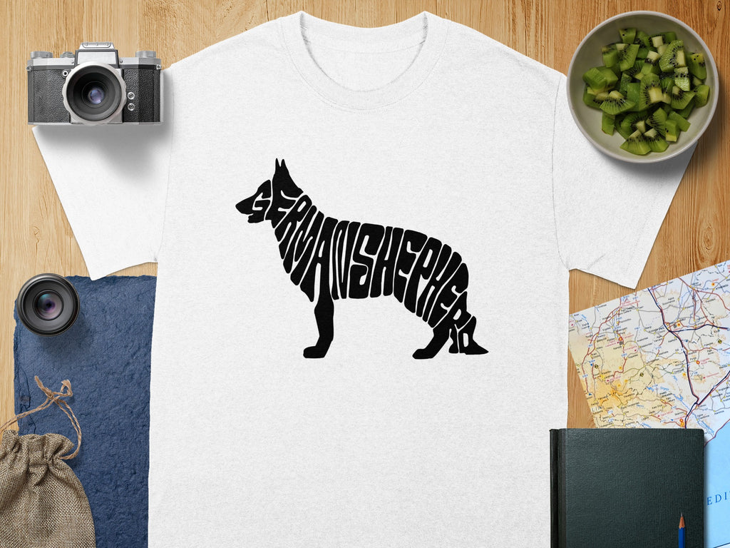 White t-shirt with a black German Shepherd silhouette formed by the words "GERMAN SHEPHERD".